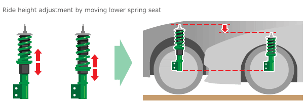 Ride height adjustment by moving lower spring seat